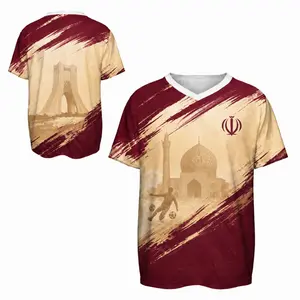 Iran-Inspired Burgundy & Light Gold V-Neck Soccer Jersey with Brush Print - Perfect for Match Days, Fans, and Supporter Style