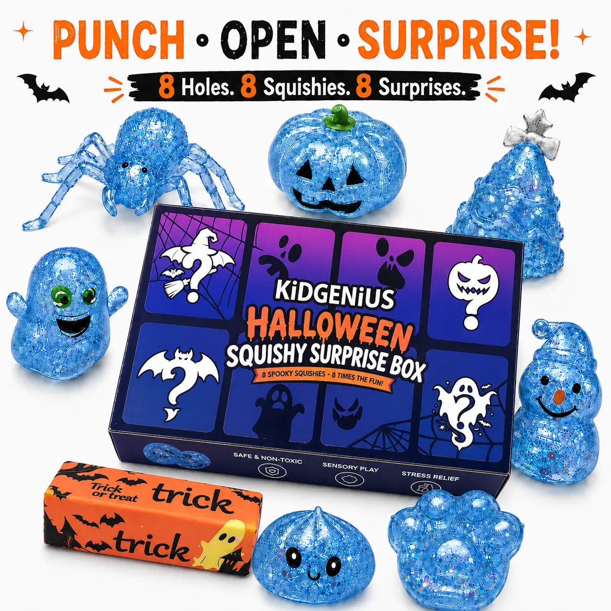 KIDGENIUS 8-Pack Halloween Squishies for Kids, Glitter Sensory Fidget Toys, Stress Relief Surprise Box, Classroom Prizes, School Rewards, Back to School Gifts & Party Favors