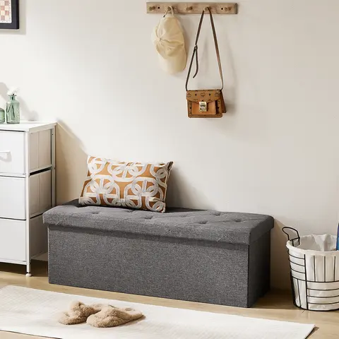 SweetFurniture Foldable Storage Ottoman Bench - Linen Fabric, Padded Seat, 2-Bin Divider, 15"d x 15"h x 43"w (43inch), 660 lbs Capacity, Assembly Required, Collapsible Indoor Stool, Modern Home Decor, Entryway Seating Solution