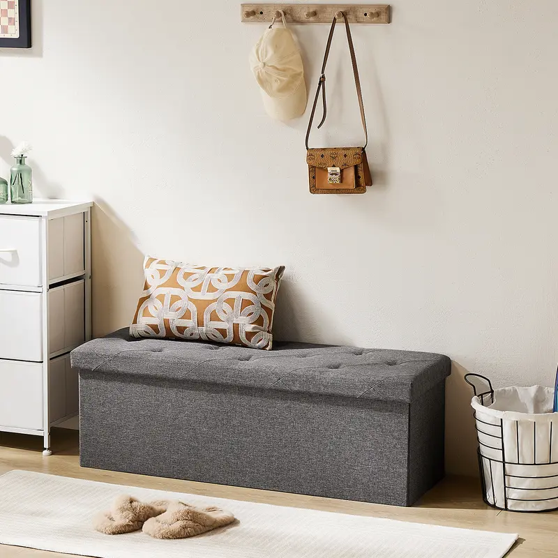 SweetFurniture Foldable Storage Ottoman Bench - Linen Fabric, Padded Seat, 2-Bin Divider, 15"d x 15"h x 43"w (43inch), 660 lbs Capacity, Assembly Required, Collapsible Indoor Stool, Modern Home Decor, Entryway Seating Solution