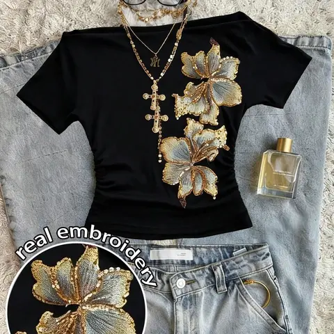 Women's Asymmetrical Neck Short Sleeve T-Shirt Top, Y2K Vacation Wear, Floral Print Shoulder Cutout, Casual Comfort Knit Clothing, Womenswear, Casual Comfy Boho