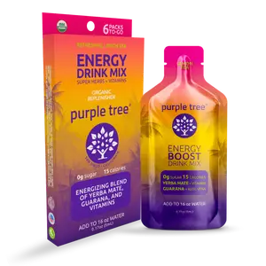 Purple Tree - Organic Energy Stick Packets, Zero Sugar, Yerba Mate, Guarana, B12 Vitamins, Lemon Ice Tea Flavor | 80mg Caffeine to Prevent Crashing, 6 to-go Packs