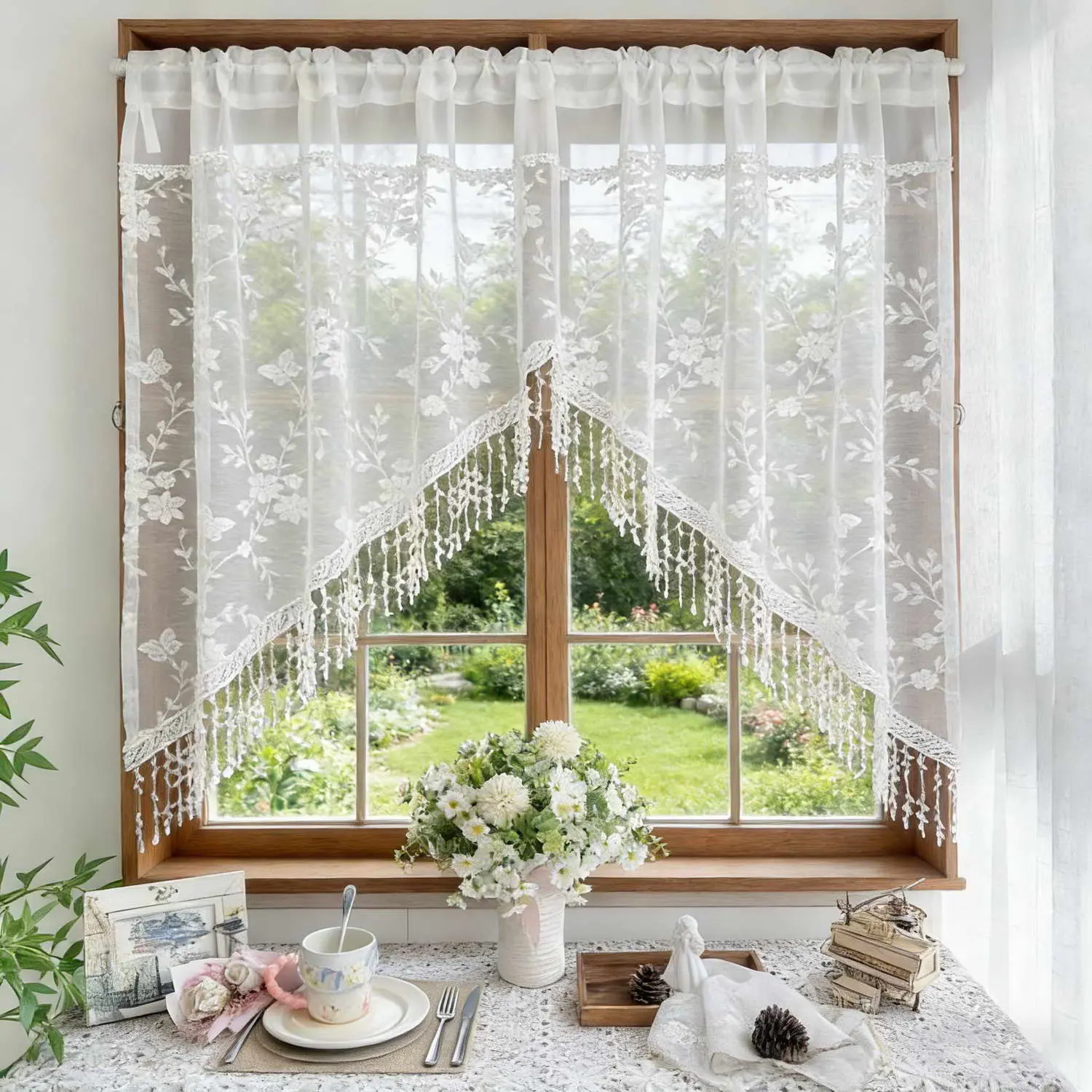 1 Panel Luxury White Floral Sheer Arched Valance with Tassels for Doorway Cabinet Decor Rod Pocket Top Light-filtering Embroidery Privacy Tulle Valance for Living Room Bedroom