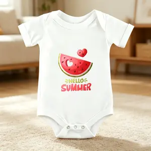 Hello Summer Baby Short Sleeve Romper Soft Cotton Blend Easy Snap Crotch Watermelon Print Funny Graphic Infant Summer Outfit