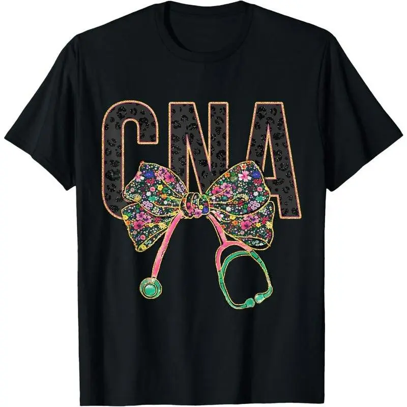 100% Cotton Girly CNA Nurse Coquette Bow Stethoscope Nursing Assistant T-Shirt Streetwear