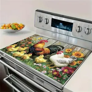 Rooster Family Flower Pattern Gas Stove Cooktop Panel Protector Cover, 1 Piece Heat & Scratch Resistant Stove Top Protector, Kitchen Accessories, Stove Plate