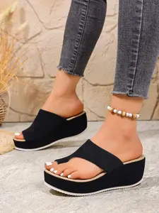 Women's Fashionable Solid Color Wedge Slides, Casual Comfortable Platform Slippers for Summer, Female All-match Round Toe, Black