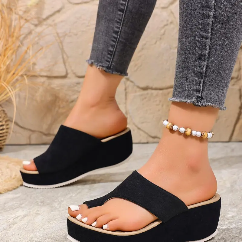 Women's Fashionable Solid Color Wedge Slides, Casual Comfortable Platform Slippers for Summer, Female All-match Round Toe, Black, Flatform, Elevated Wedge, Thick Bottom Slippers