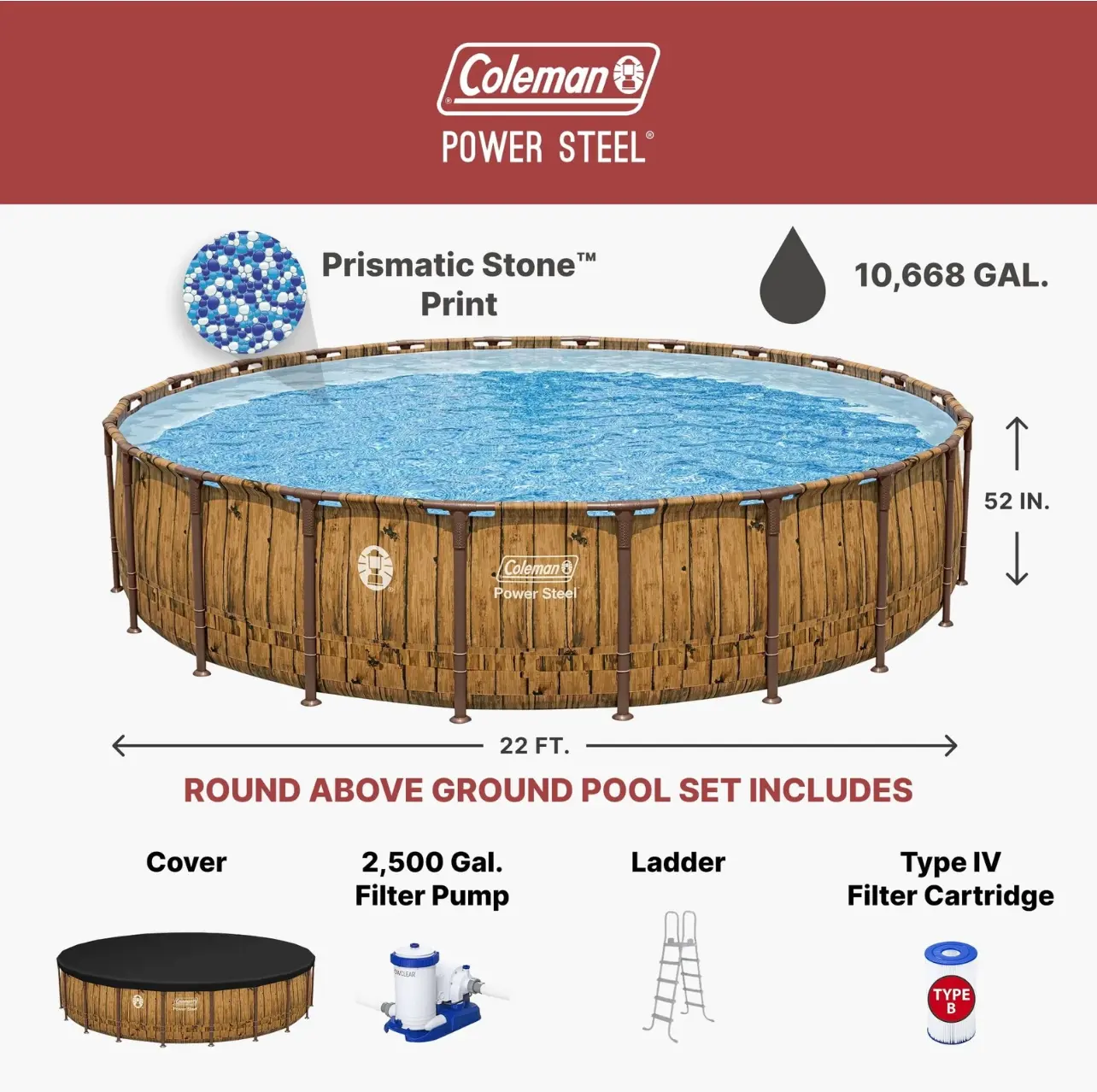 Coleman Power Steel 22' x 52" Round Metal Frame Above Ground Pool with ladder, pump