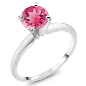 Gem Stone King 14K White Gold Pink Mystic Topaz Solitaire Engagement 4-Prong Ring For Women | 1.50 Cttw | Round 6MM | Gemstone Birthstone