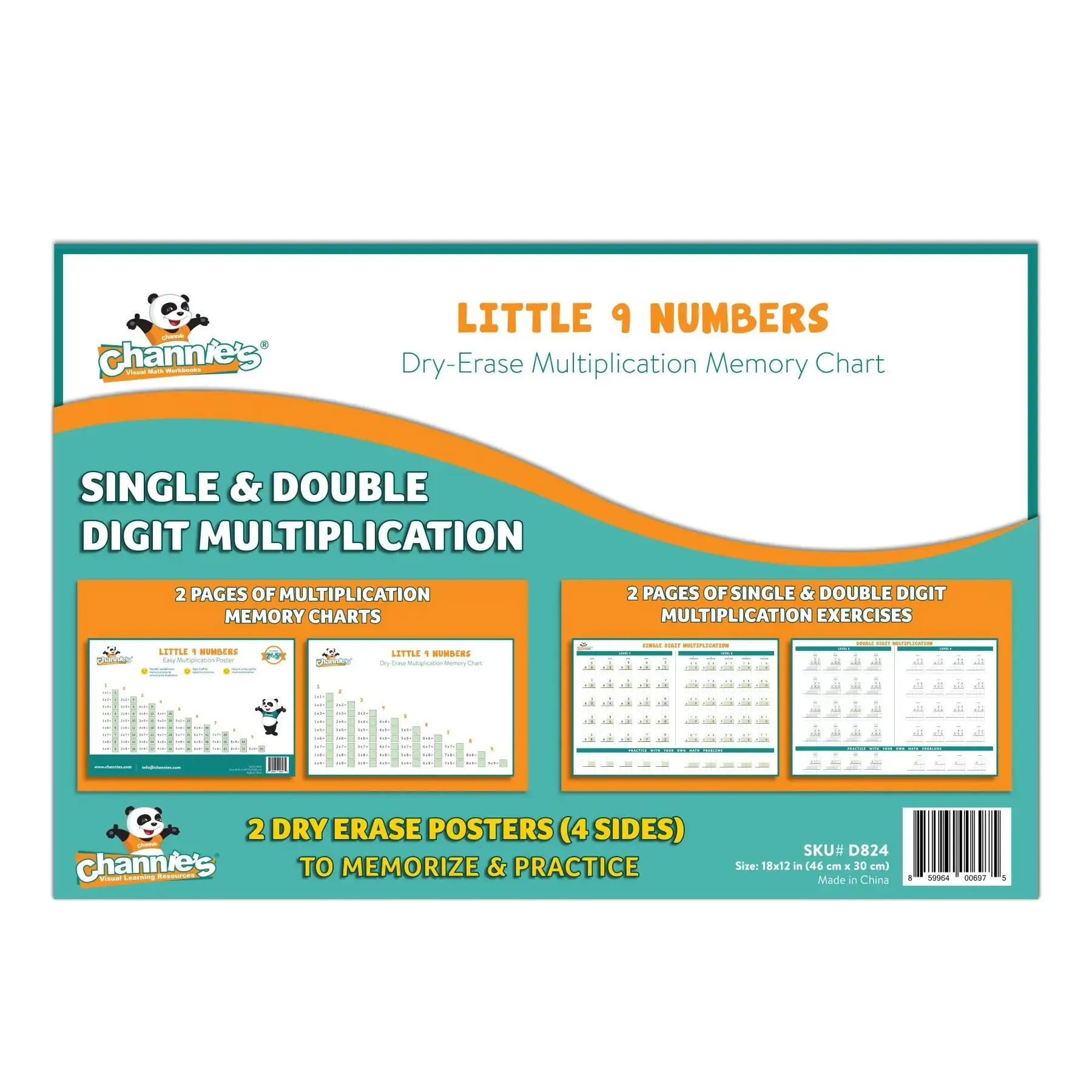 Channie’s 2 Pack Dry Erase Multiplication Memory and Practice Chart 18" x 12" Single & Double digit Math Practice