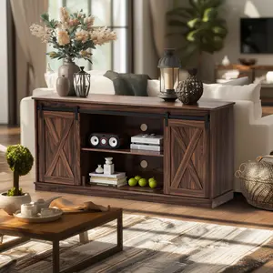 Rust Color 65" Solid Wood TV Console, Easy Assembly Farmhouse Media Stand with Adjustable Shelves & Quiet Sliding Doors