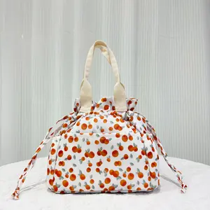 Orange Print Insulated Lunch Bag for Women, Large Capacity Waterproof Drawstring Picnic Tote, Fashionable Thermal Lunch Box Bag for Work, Travel & Outdoor Meals