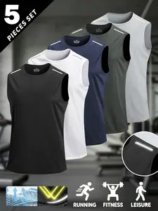 5-pack Men's Summer Breathable Cool Outdoor Sports Short Sleeve Oversized Trendy Sleeveless T-Shirt For Men Fitness Running Summer Outfits Men’s Shirts Gifts For Him Tees Menswear Top Tropical