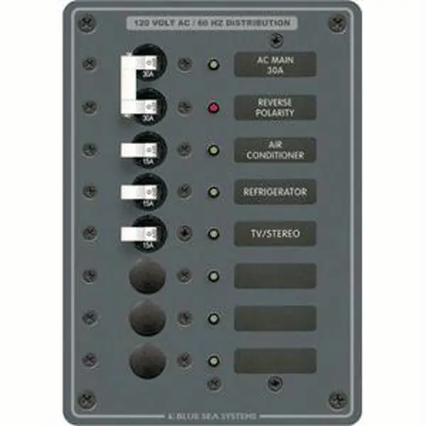 Blue Sea 8027 AC Main Breaker Panel - 6 Positions, White Switches, 120VAC 60Hz, 15A Single Pole, 30A Double Pole, Max 50A/50A Capacity, Power Control, All LEDs Installed, All Hot Neutral & Safety Ground Buses, Red Reverse Polarity, 50 Amperes
