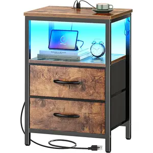 Rustic Brown 2 Drawer Nightstand with Charger Station, LED Lights, Open Shelf, Bed Side Table & End Table for Bedroom