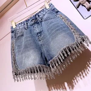 rompers women Sexy  Rhinestones Fringed High Waist Hot Drilling Denim Shorts Diamonds Tassels Jeans Hot Pants Chic Crystal Short Trousers Womenswear Bottom Comfort