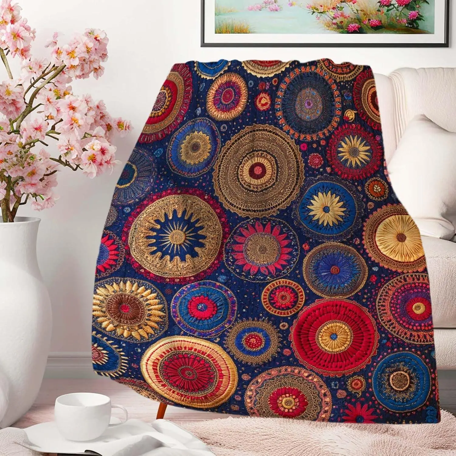 Bohemian Printed Throw Blanket - Colorful Circular Motifs, Soft Lightweight Wrinkle Resistant, for Women, Grandparents, Room Decor, Whimsical Home Decor, Couch, Bed, 40x50 Inches, Mandala Circles