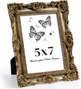 Axeman 5x7 Picture Frame, Vintage Textured Hand-Crafted Resin Ornate Antique Photo Frame with Glass Front for Tabletop & Wall Display, Decorative Floral Design Home Décor, Art, Wedding, Gold
