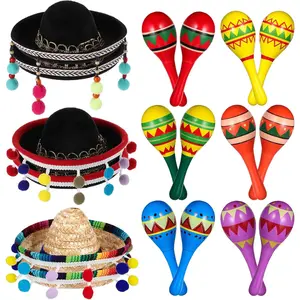 12 Pcs Wooden Fiesta Maracas 6 Cinco De Mayo Mini Sombrero Top Hat for Mexican Party Decor (18 Pcs, Stylish Style)