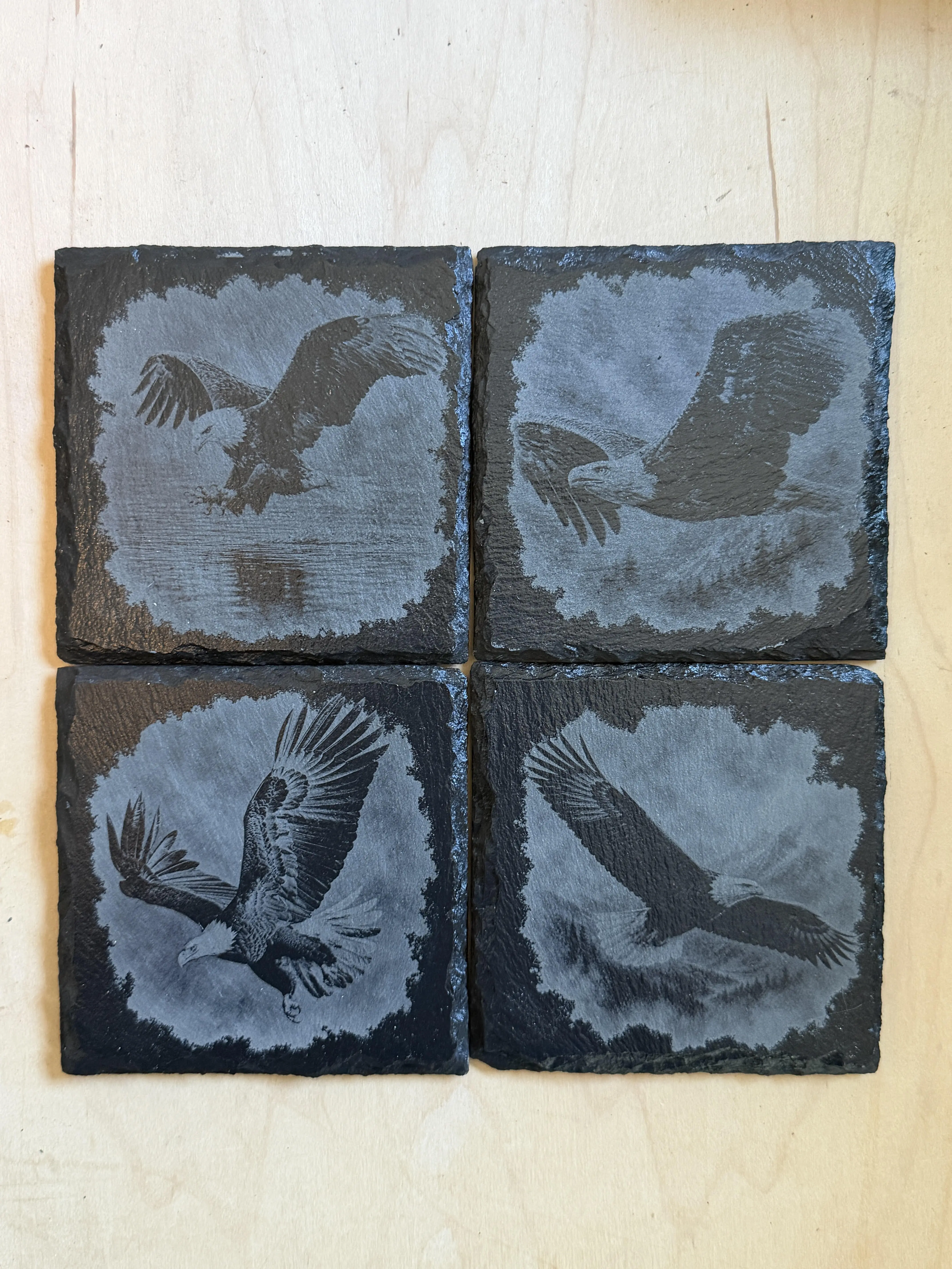 Natural Slate Coaster Set (4 Pieces) - Laser Engraved Tableware with Patriotic Bald Eagle Art, Rustic Dynamic Flight Scenes, Durable American Wildlife Collection for Patriotic Decor