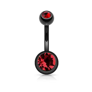Fifth Cue Black Titanium Navel Ring with Double Cubic Zirconia Barbell, Red
