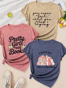 3Pcs Women's Crew Neck T-Shirts, Inspirational/Reading Slogan Print, Multiple Colors Available, Machine Washable, Spring & Summer Tops, Soft Skin-Friendly Fabric, Daily Versatile, Fashion Design