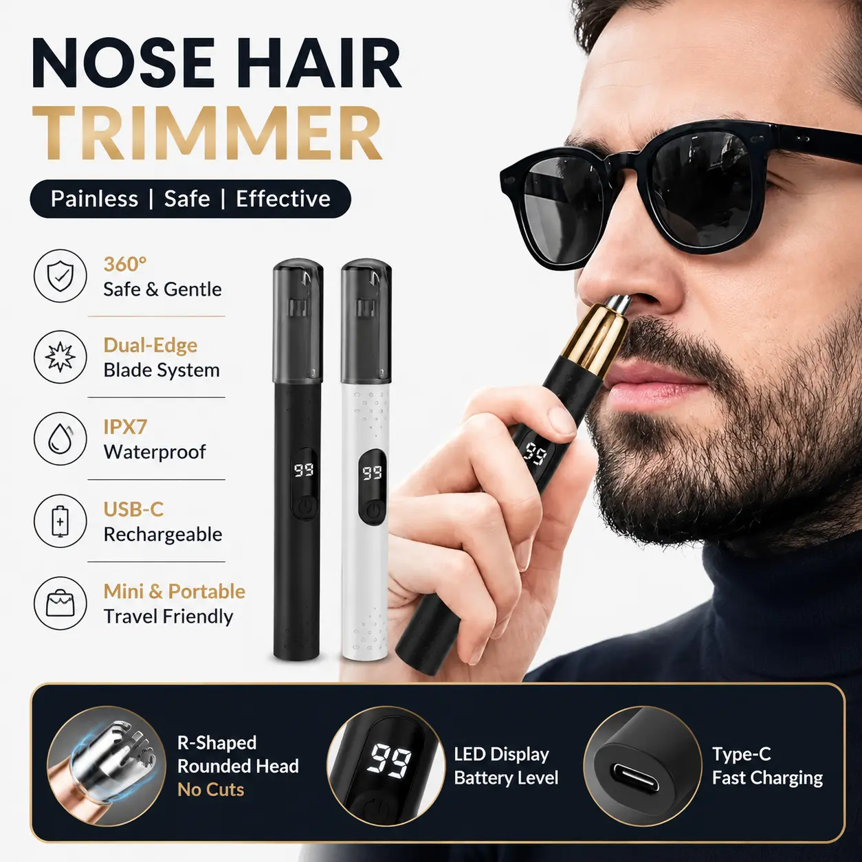 Nose Hair Trimmer for Men Women, Rechargeable Electric Ear Nose Trimmer with LED Display, Waterproof Dual Blade Nasal Clipper, Painless Facial Hair Grooming Tool
