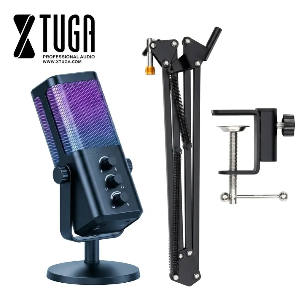 XTUGA M7 USB Dynamic Gaming Microphone Kit - Adjustable Boom Arm, Tap-to-Mute Mix Control, Headphone Jack, Intelligent Noise Cancelling, Audio Enhancement for PC Podcast Recording & Streaming