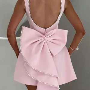 Pink A-Line Mini Dress with Pearl-Trimmed Backless Design and Oversized Bow