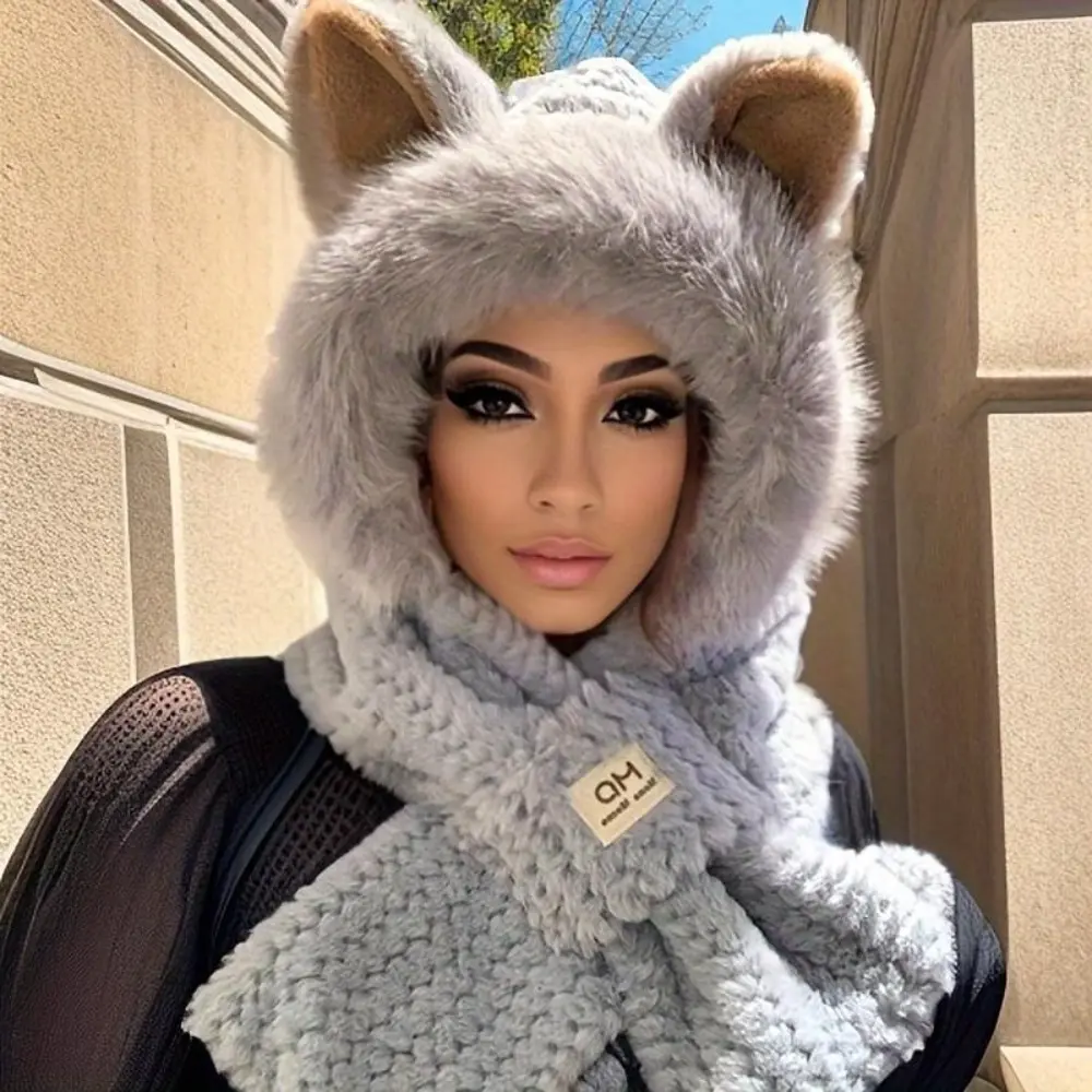 Women's Thickened Winter Plush Hooded Scarf Hat with Cartoon Ears - Solid Color Neck Warmer, Motorcycle Protective Gear for Enhanced Warmth