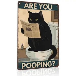 Are You Pooping? Black Cat Reading Newspaper 12x8 Inch Aluminum Metal Sign - Funny Cat Lover Wall Decor for Bathroom, Restroom, Powder Room - Retro Tin Sign Gift for Cat Parents & Pet Enthusiasts
