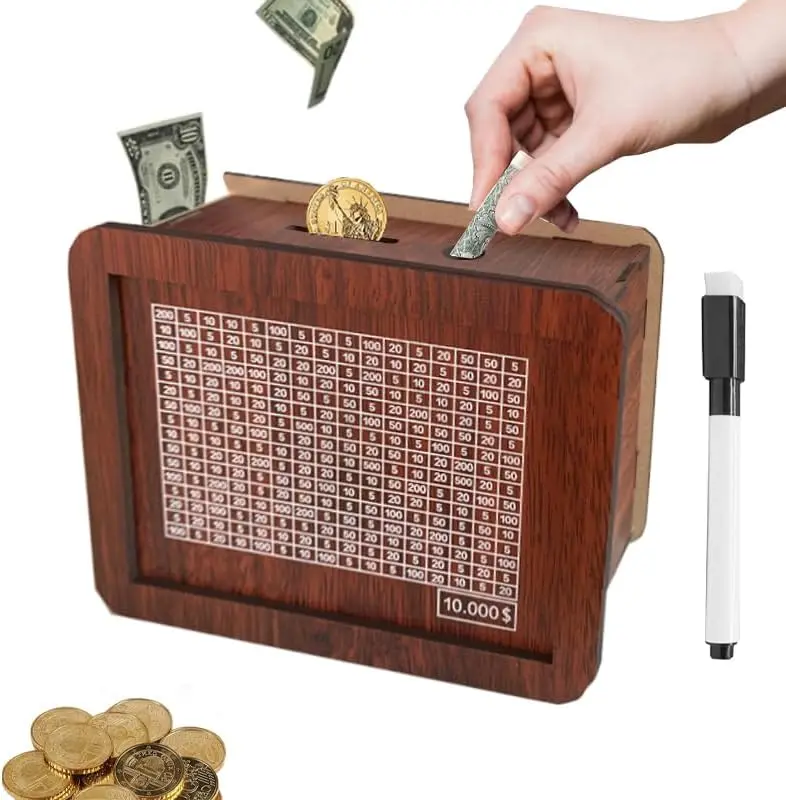Brown Wooden Decorative Kakeibo Cash Vault Piggy Bank - 10000 Counting Target Coin Savings Bank, Mindful Spending Encourager, Home Decor Ornament, Miniature Kids' Gift