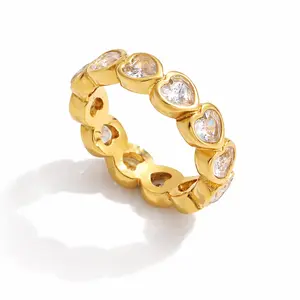 18K Gold-Plated Stainless Steel Heart Eternity Ring with Elegant Design and Durable Finish