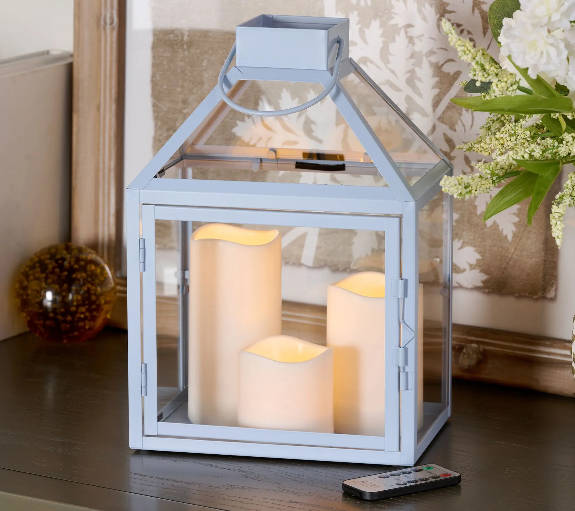 Home Reflections 12" Lantern w/ 3pc Flameless Pillars Home Reflections 12" Lantern w/ 3pc Flameless Pillars