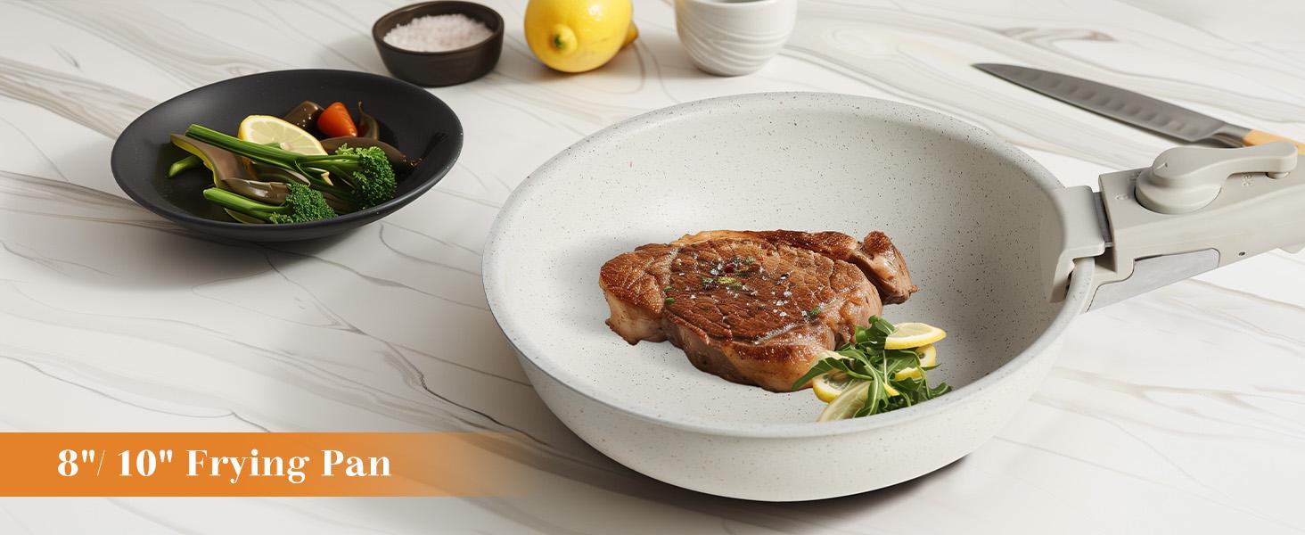 12 Pcs Pots and Pans Set, White Granite Nonstick Cookware Sets Detachable Handle, Stackable Induction Kitchen Cooking Set, Stain & Scratch-resistant