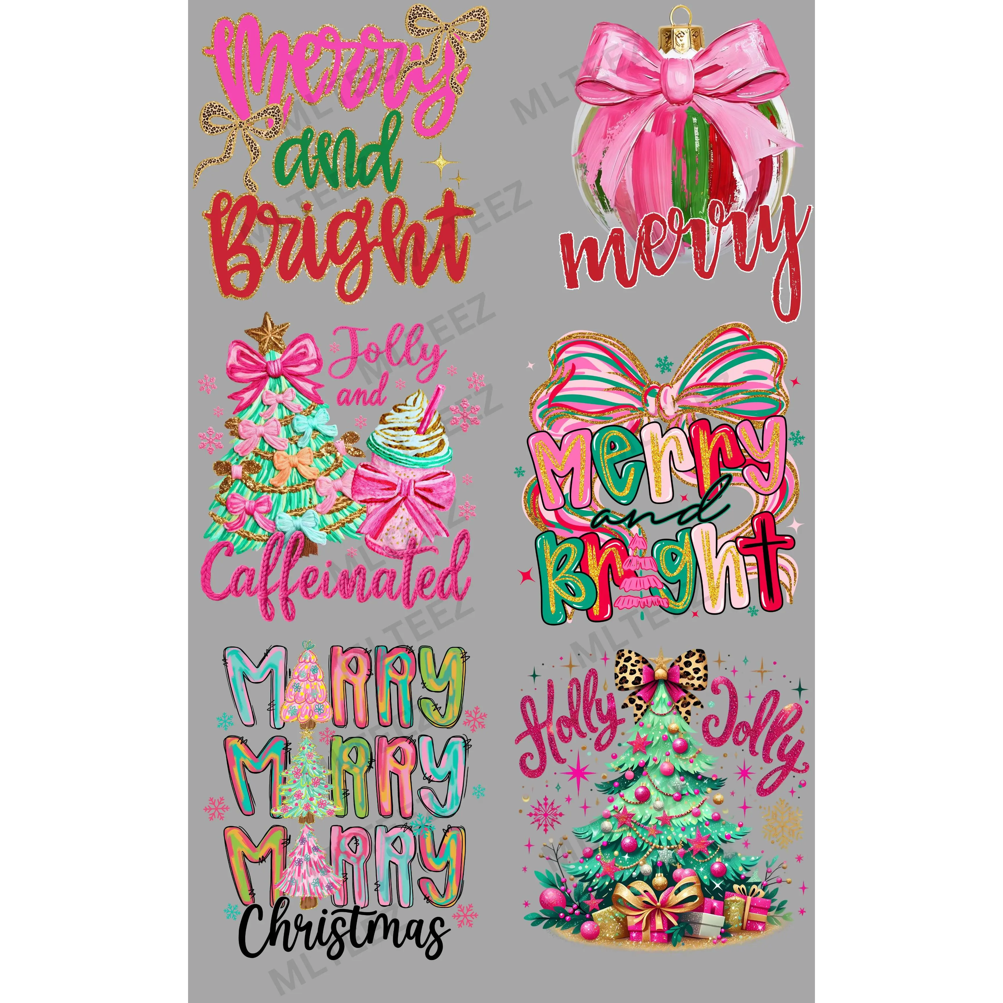 MERRY & BRIGHT (6) PREMADE GANGSHEET - 22X36 DTF TRANSFERS - DIRECT TO FILM