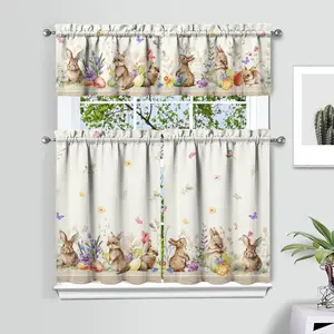 Easter Curtains 3 Piece Set, Spring Easter Bunny Floral Kitchen Decorations for Home Interior, Farmhouse Curtains and Valance Set 36 Inch Short Curtain Sink Window Decor