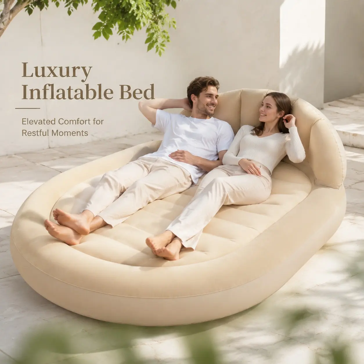 Inflatable Air Mattress Queen Size with Comfortable Backrest and Pump, Raised Headboard Design Air Bed for Adults, Portable Blow Up Mattress with Soft Flocked Surface, Durable Support for Home Guest Room Camping Travel