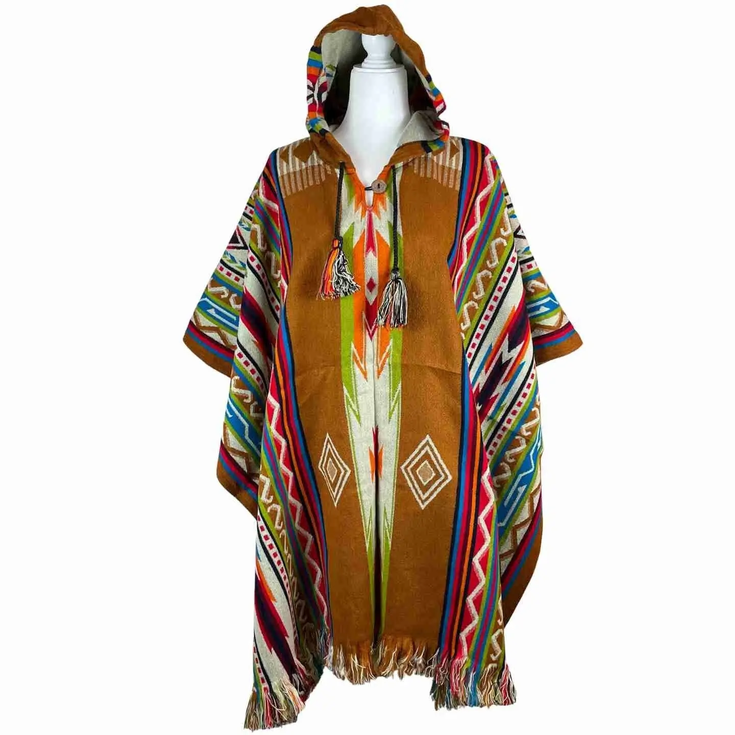 Unisex Geometric Poncho - Comfortable, Lightweight Winter Cape Shawl, Copper Light Green, Soft, Wool