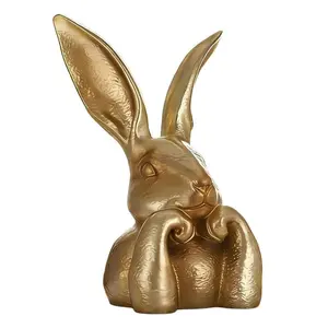 Easter Gold Bunny Figurine, Gold Bunny Head Home Decor Resin Rabbit Statue, Easter Thinking Bunny Figurine for Home Table Centerpieces, Golden Rabbit Statue for Living Room Mantel Decorations