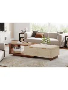 212 MAIN Dual-Tone V-Grain Wood Veneer Rectangle Extendable Coffee Table with Extendable Top, 42.13 in. Dimensions, and 2 Storage Drawers (Walnut & Oak)