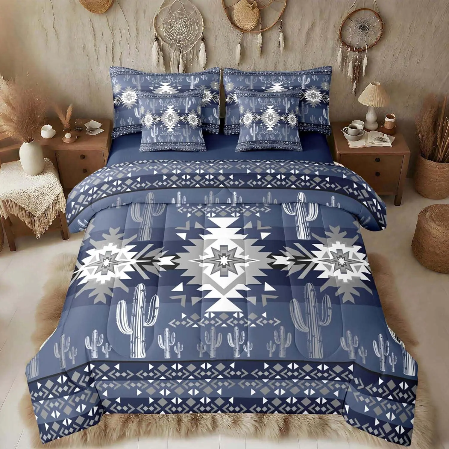 Deep Blue Southwestern Aztec Comforter Set with Sheets Kids Geometric Vintage Bed in a Bag for Boys Girls Teens Boho Tribal Rustic Western Exotic Cactus 7 Pieces Bedding Set Soft