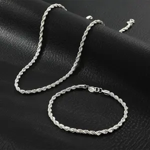 Set Of 2 Retro Hip-hop Jewelry Pieces, Featuring A 925 Material Twisted Rope Chain Necklace And Bracelet, Suitable For Both Men And Women As A Stylish Accessory, Perfect For Daily Wear And Holiday Celebrations, 4mm Wide stainless steel silver color