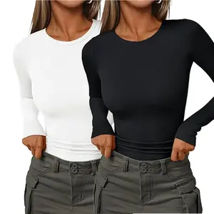 2 Pack Long Sleeve Shirts for Women Crew Neck Thermal Shirts Ribbed Knit Slim Fit T Shirt Basic Tee Tops