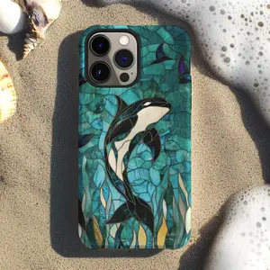 Majestic orca stained glass aesthetic whale phone case for iPhone 17 16 15 14 13 12 11 Pro Max  SamsungGalaxy S26 S25 S24 S23 S22 Anti shock and anti drop phone case