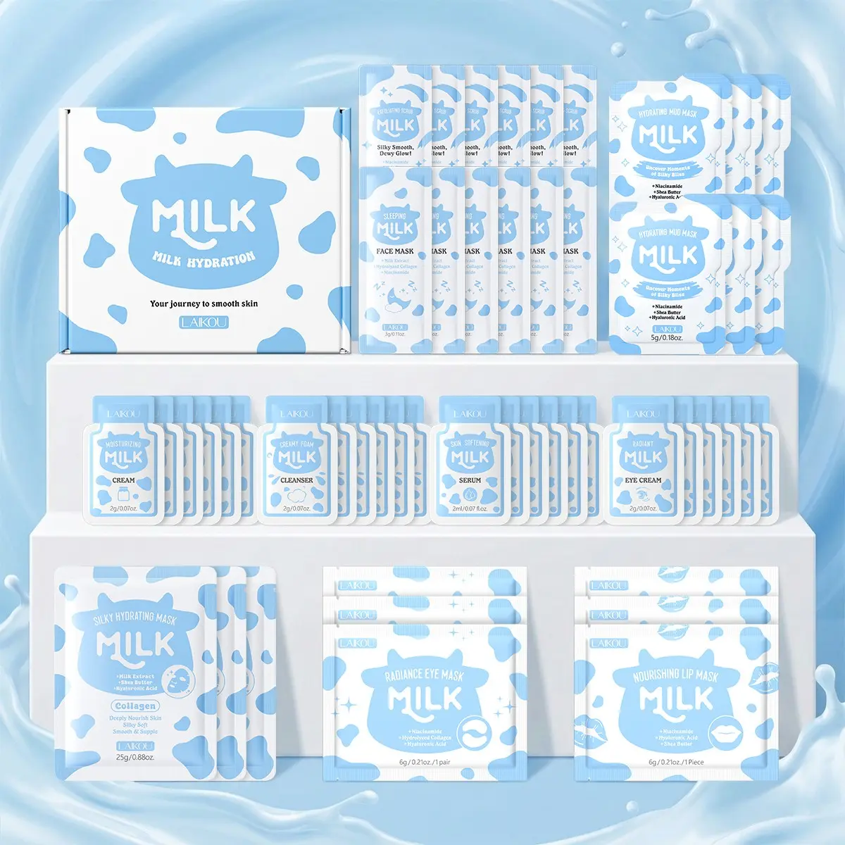 51Pcs Milk Nourishing Travel-Size Skincare Set, Skin Care Kit, Glow Kit, Glowing Skin Set, Includes Cleanser, Essence, Serum, Eye Cream, Face Cream, Sleep Mask, Eye Mask, Mud Mask & Scrub, Deep Moisturizing Repairing, Hydrating Soothing, Best Gift