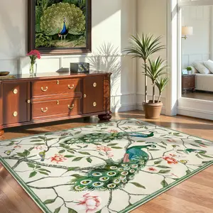 Whimsical Peacock Area Rugs 5x7, Washable Animal Print Rug for Living Room Oriental Aesthetic Bird Carpet Maximalist Trendy Rug for Bedroom Apartment Home Office, Beige