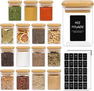 16 count Glass  Jars with  Lid, 6oz Airtight Square Containers with 275 Black Lables, Empty Seasoning Jars for Salt Sugar