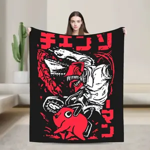 Denji And Poshita Red Knitted Blankets Chainsaw Man Flannel Throw Blanket Bed Sofa Portable Ultra-Soft Warm Bedspread